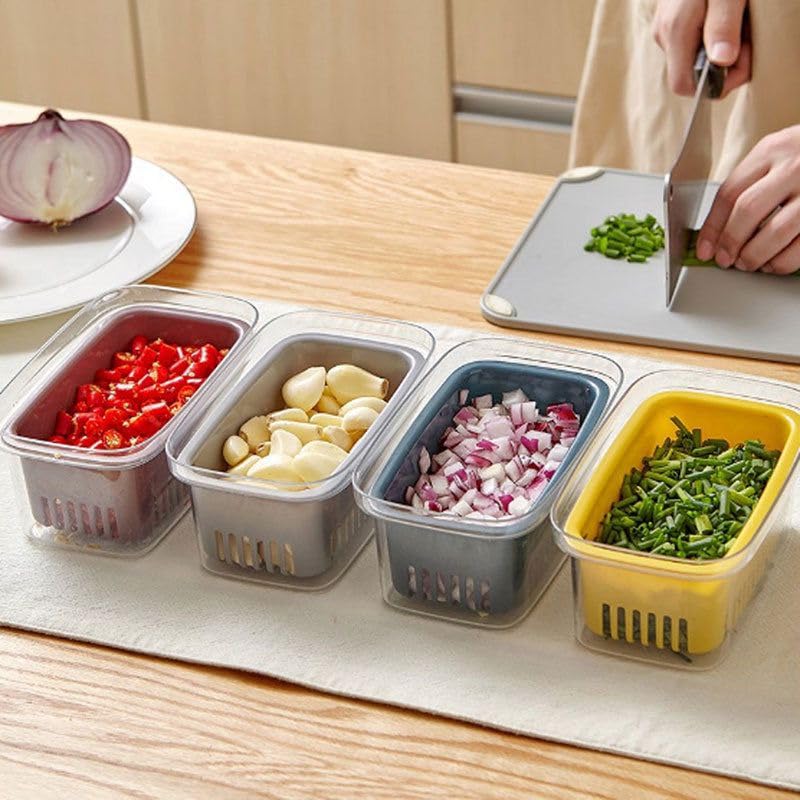 JIALTO Fridge Storage Boxes (Pack of 2) Kitchen Organizer items and Storage With Removable Drain Plate Containers Keeps Fruits, Vegetables, Meat, Fish Fresh Longer 1000 ML Storage Box For Kitchen