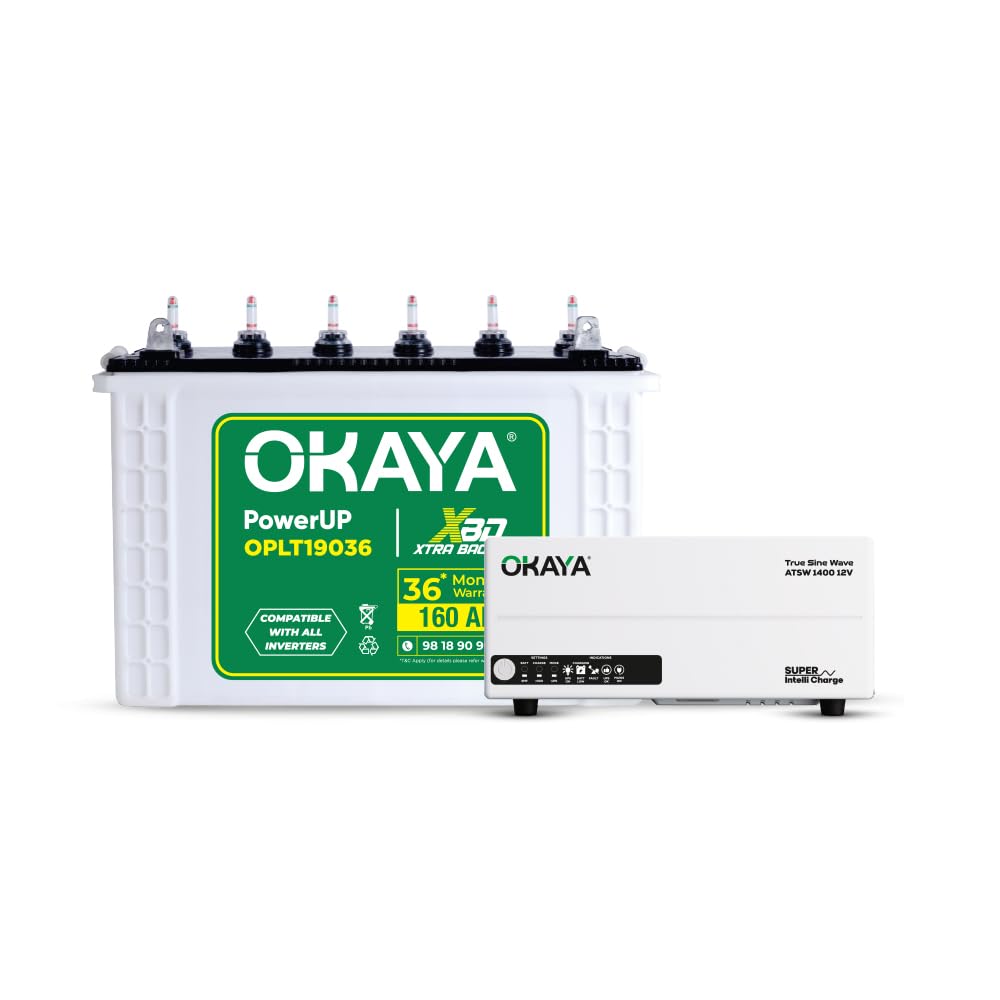 Okaya Inverter with Battery Combo for Home,Office & Shops|ATSW 1400 12V Pure Sine Wave Inverter 1150VA with OPLT19036 160Ah Inverter Battery |Warranty: 36 Months(Inverter) & 36 Month(Battery)