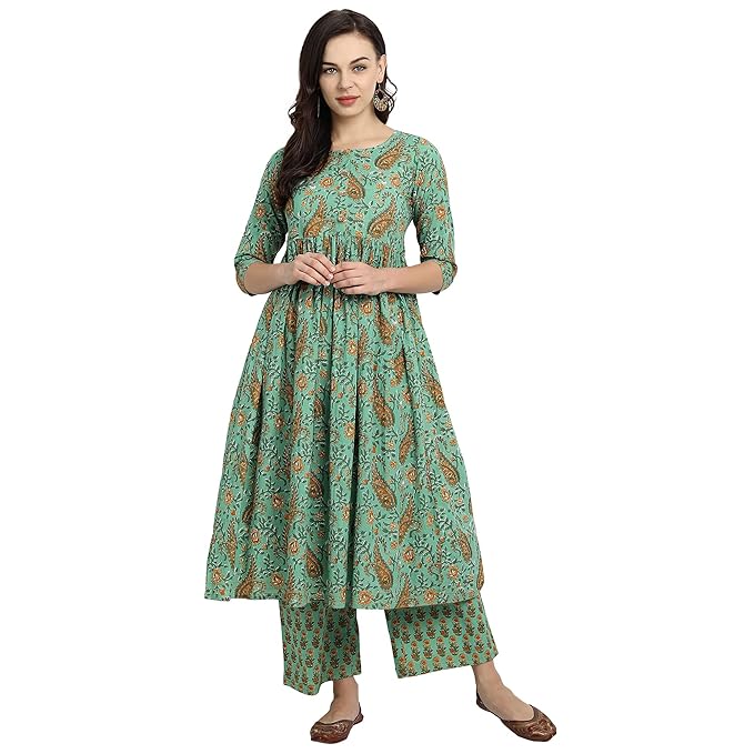 githaan Women's Cotton Causal Green Printed Kurta Set