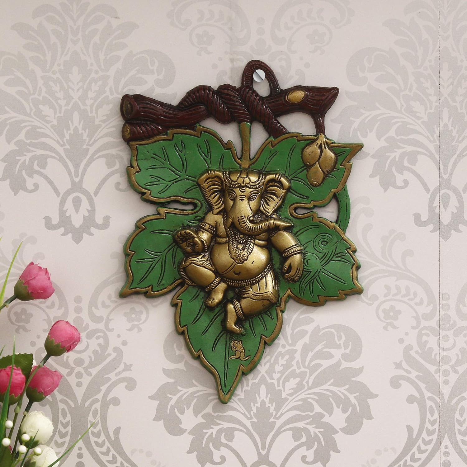 eCraftIndia Metal Handcrafted Dancing Golden Ganesha Idol On Green Leaf Ganesha Wall Hanging Decorative Showpiece for Wall Decor- Diwali Decoration Items for Home Decor- Gift for Diwali Housewarming