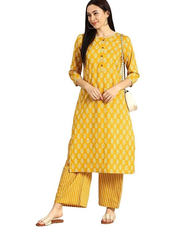 MEERA FAB Women's Cotton Printed Floral Straight Kurta with Palazzo