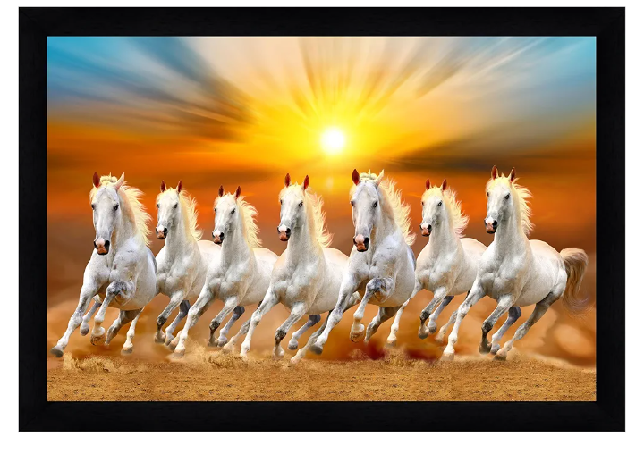 Indianara Vastu Runing Seven Horses Painting With Frame 13 Inches X 10 Inches (Style 1)
