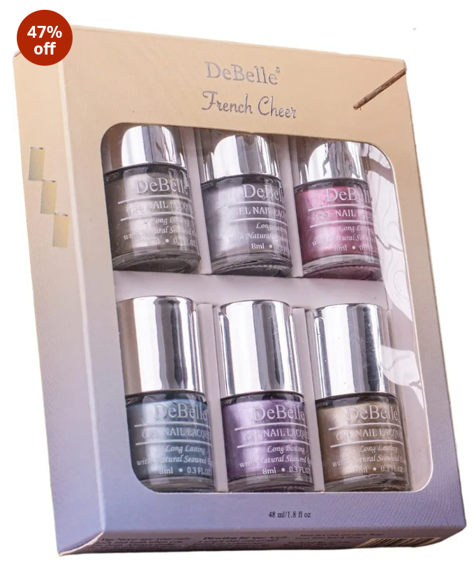 DeBelle Metallic nail polish combo Gift set of 6- French Cheer - Chrome silver,Chrome gold,Chrome wine,Chrome glaze,Aqua frenzy,Rustique gold 48 ml(8 ml each)
