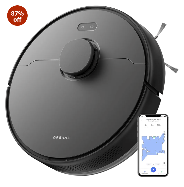 DREAME D9 Max Gen2 Robot Vacuum Cleaner, 6000Pa Vacuum Robot with Mop Function, Movable Brush, Multi-Floor Maps, Ideal for Carpets, Hard Floors and Pet Hair, Black, 285 Minutes
