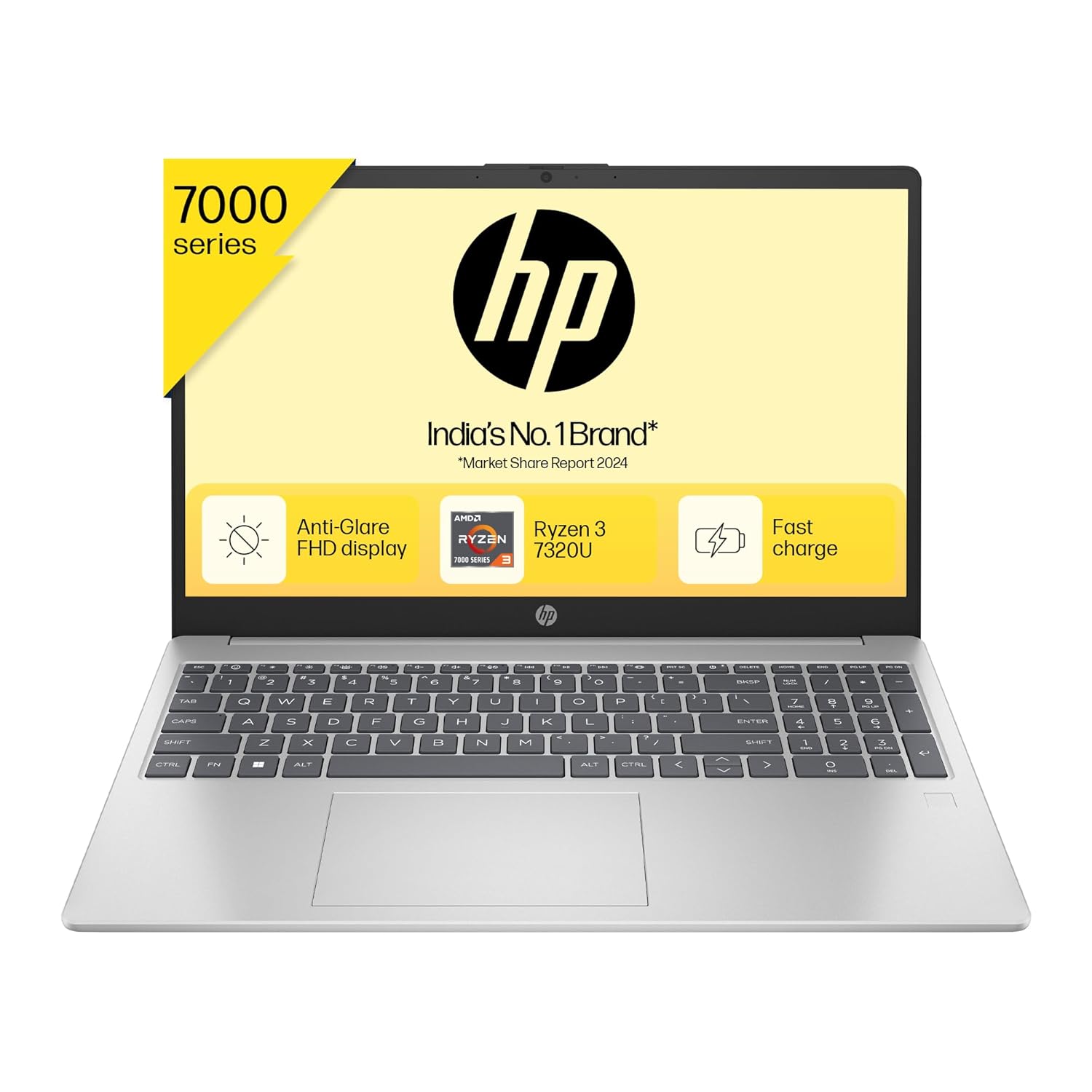 HP 15, AMD Ryzen 3 7320U, 8GB LPDDR5, 512GB SSD, Anti-Glare, Micro-Edge, 15.6-inch (39.6 cm), FHD, AMD Radeon Graphics, 1080p HD Camera, (Win 11, Silver, 1.59 kg), fc0154A