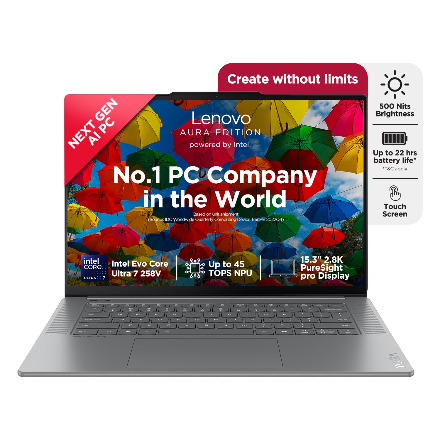 Lenovo Yoga Slim 7 Aura Edition, Intel Core Ultra 7 258V, 32GB RAM, 1TB SSD, 15"/38.86cm, Windows 11, MS Office Home 2024, Grey, 1.53Kg, 83HM004NIN, Copilot+ PC AI Powered Laptop