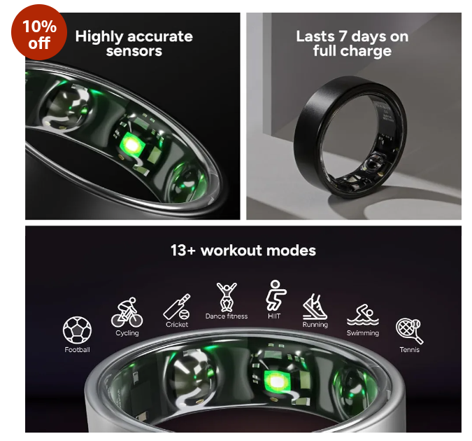 Gabit Smart Ring | Health & Fitness Tracker | Stress & Sleep Monitoring | Buy Ring Sizing Kit First | 15+ Workout Modes | Track Steps, HRV, HR, SPO2 | Smart Ring for Men & Women | Matte Black 6